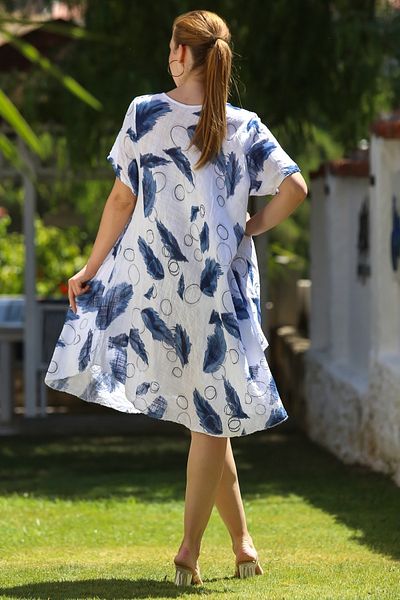 Chiccy Italian White Pool Collar Short Sleeve Allover Printed Casual Oversize Woven Dress 110 75