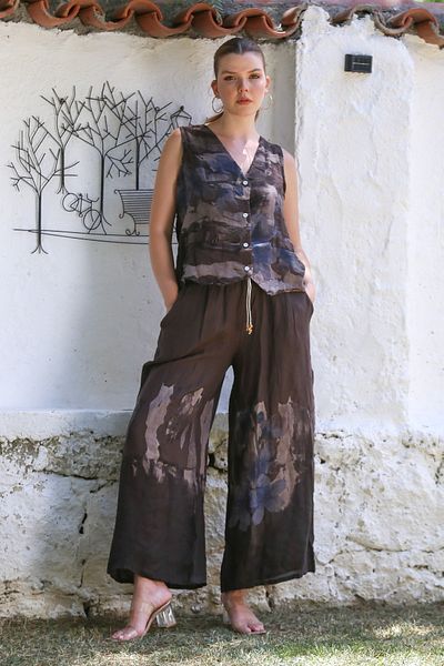 Chiccy Italian Dark Coffee V-Neck Sleeveless Patterned Buttoned Linen Woven Bottom Top Suit with Pockets 58-112 56-77