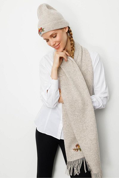 Desen Triko Women's Single Side Rococo Embroidery Embroidered Wool Kaşkol V.Beige