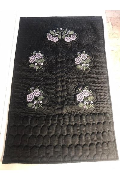 Vinezza Home Collection Purple Flower Motif Machine Embroidery Etamine Fabric Single Prayer Rug