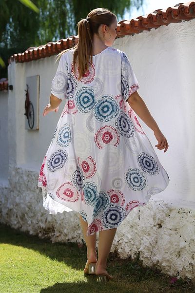 Chiccy Ιταλικό λευκό γιακά πισίνας κοντό μανίκι Allover εμπριμέ casual oversize υφαντό φόρεμα 120 60