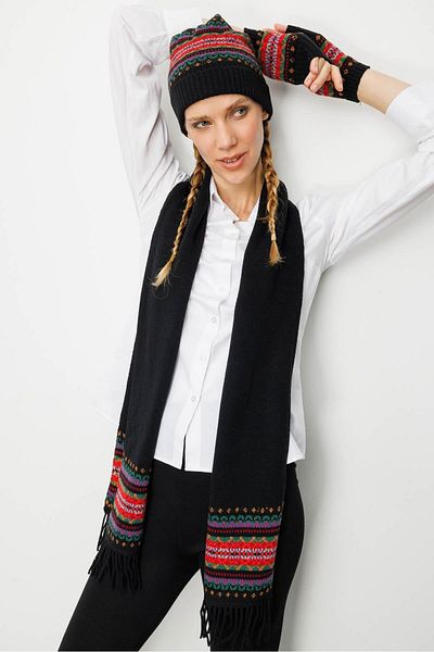 Desen Triko Women's Wool Kaşkol with Jacquard Tassels on the Edges Black