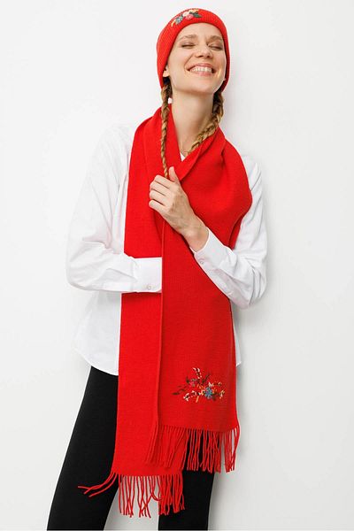 Desen Triko Women's One Side Rococo Embroidery Embroidered Wool Kaşkol Coral