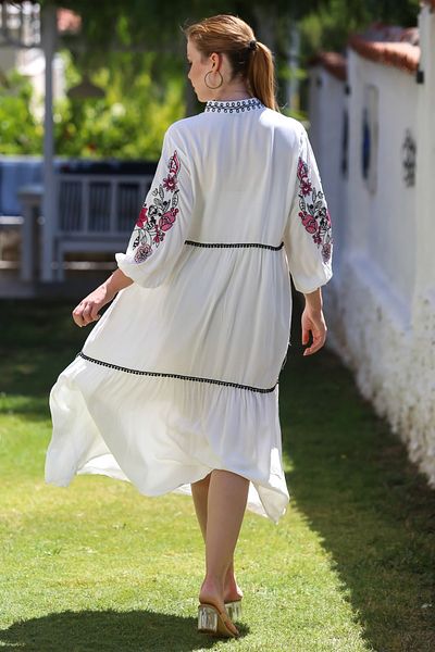 Chiccy Ecru Judge Collar Balloon Sleeve Buttoned Skirt Ruffled Collar and Sleeve Embroidered Casual Woven Dress 130 65