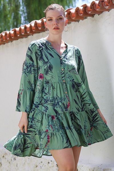 Chiccy Green Judge Collar Flounced Sleeve Buttoned Skirt Ruffled Allover Printed Casual Woven Dress 90 64