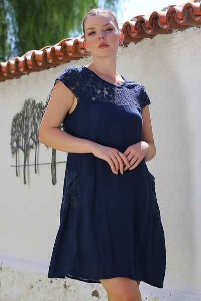 Chiccy Italian Navy Blue Round Neck Low Sleeve Pocket Lace Casual Linen Blended Woven Dress 95 62