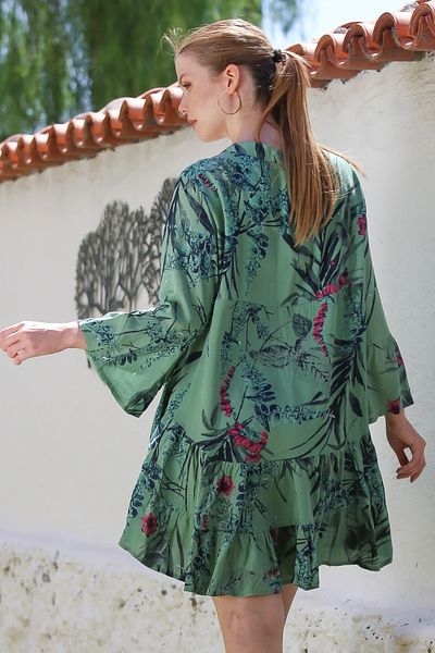 Chiccy Green Judge Collar Flounced Sleeve Buttoned Skirt Ruffled Allover Printed Casual Woven Dress 90 64