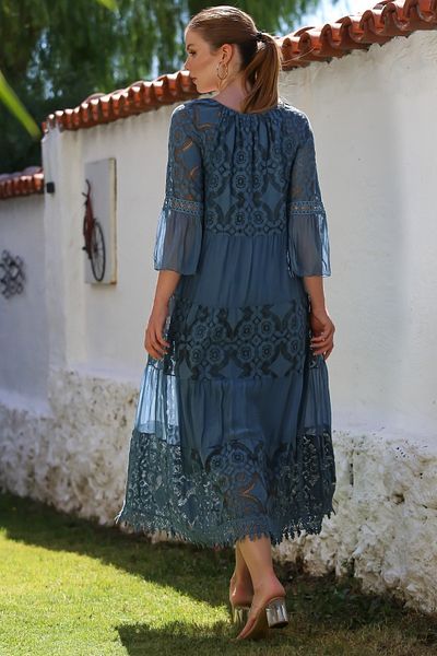 Chiccy Rochie italiană indigo cu decolteu în V, mâneci cu volane, căptușită cu paiete, detaliu din paiete, rochie țesută din mătase 128 55