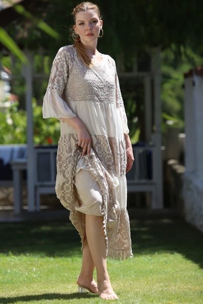Chiccy Italian Beige V-Neck Ruffle Sleeve Lined Sequin Sequin Detail Lace Casual Silk Woven Dress 128 55