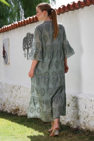 Chiccy Ιταλικό Χακί Δικαστής γιακάς με βολάν μανίκι με επένδυση casual σκαλοπατισμένο υφαντό φόρεμα 130 56