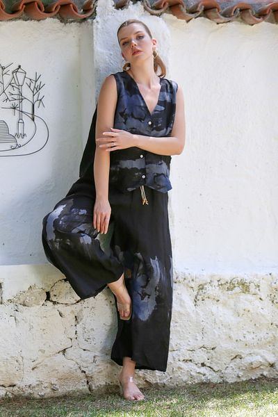 Chiccy Italian Black V-Neck Sleeveless Patterned Buttoned Pocket Linen Woven Bottom Top Suit 58-113 56-78