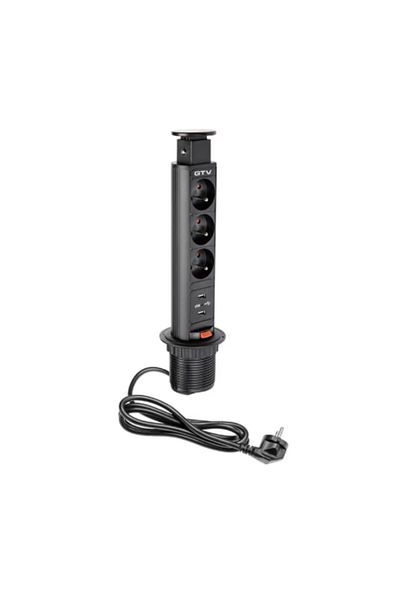 Adsinio Retractable Round Built-in Socket,GTV,3 Schuko Sockets,2 USB Ports 5V, 2.1A, Cable 1.5m, IP20,Black