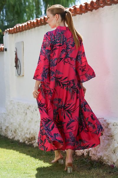 Chiccy Fuchsia Judge Collar Ruffle Sleeve Floral Button Skirt Ruffle Allover Printed Woven Dress 130 58