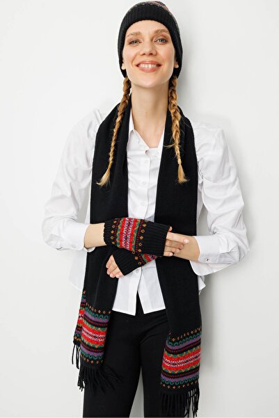 Desen Triko Women's Wool Kaşkol with Jacquard Tassels on the Edges Black