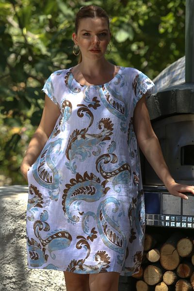 Chiccy Ιταλικό λευκό λαιμόκοψη με μοτίβο σάλι με κρυφή τσέπη Casual λινό υφαντό φόρεμα 100 65