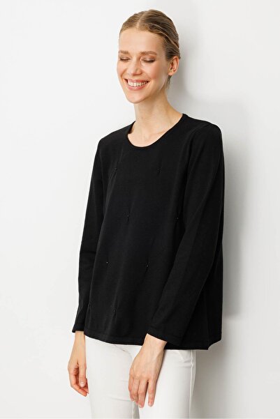 Desen Triko Women's O-Neck Front Pleated Beaded Ligral Blouse Black