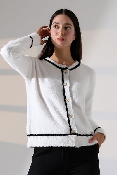 ALCHON Round Neck Long Sleeve Bow Tie Button Striped Stripe Pile Soft Textured Knitwear Cardigan