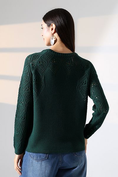 ALCHON Round Neck Long Sleeve Openwork Hollowed Rice Knit Simple Elegant Basic Knitwear Sweater