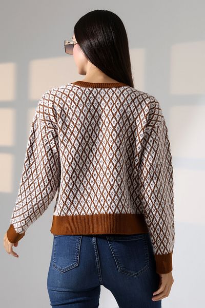 ALCHON Round Neck Long Sleeve Buttoned Diamond Jacquard Patterned Furry Soft Textured Knitwear Cardigan