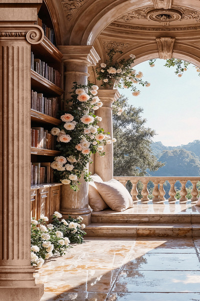 dreamwall Sütunlu Teras ve Kitaplık Desenli Duvar Kağıdı
