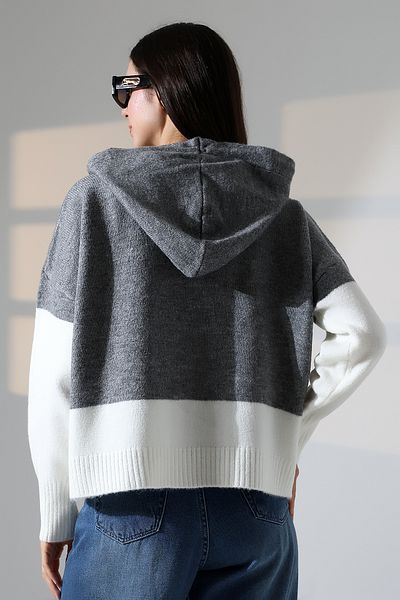 ALCHON V-Neck Hooded Lace-Up Long Sleeve Two-Color Panel Button Soft Texture Design Stylish Knitwear Cardigan