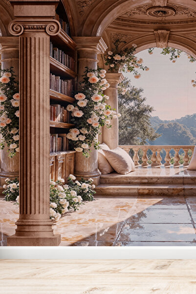 dreamwall Sütunlu Teras ve Kitaplık Desenli Duvar Kağıdı