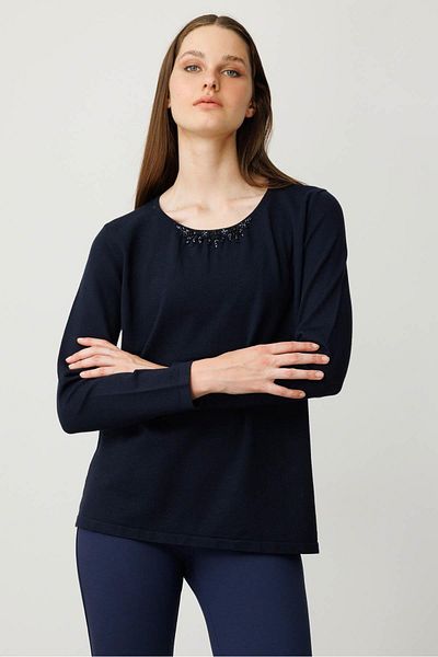 Desen Triko Women's O-Neck Lace Flower Embroidered Ligral Blouse K.Navy Blue