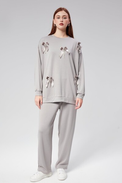 FA Butiq Women's Modal Fabric with Bow Accessory on the Front and Anthracite Pants Double Set