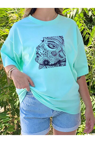 Afri تي شيرت نسائي كبير الحجم مطبوع باللون الأخضر النعناعي - نمط نسائي، قطن مريح