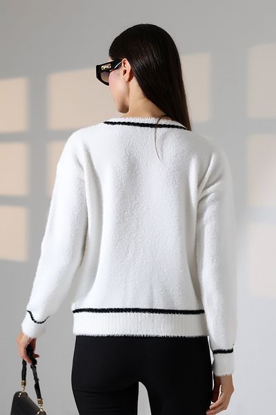 ALCHON Round Neck Long Sleeve Bow Tie Button Striped Stripe Pile Soft Textured Knitwear Cardigan