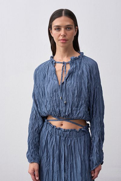 mathilda store Women's Blue Kraş Textured Skirt Blouse Set