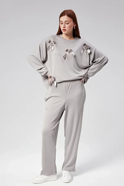 FA Butiq Women's Modal Fabric with Bow Accessory on the Front and Anthracite Pants Double Set