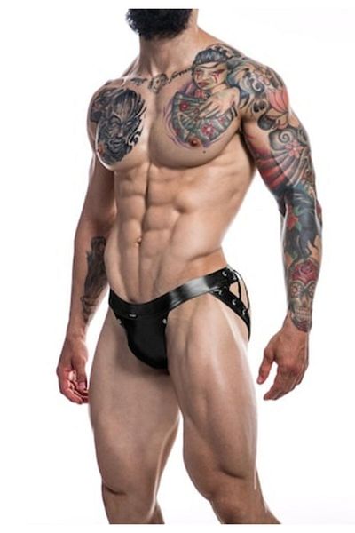 Cut4Men - Lenjerie intimă sexy pentru bărbați C4M-Desire Jockstrap-Negru, imitație de piele-XL