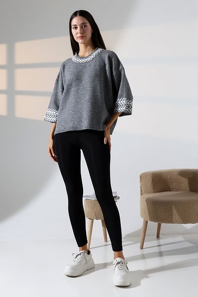 ALCHON Round Neck Half 3/4 Sleeve Patterned Jacquard Panel Loose Comfortable Basic Stylish Elegant Knitwear Sweater