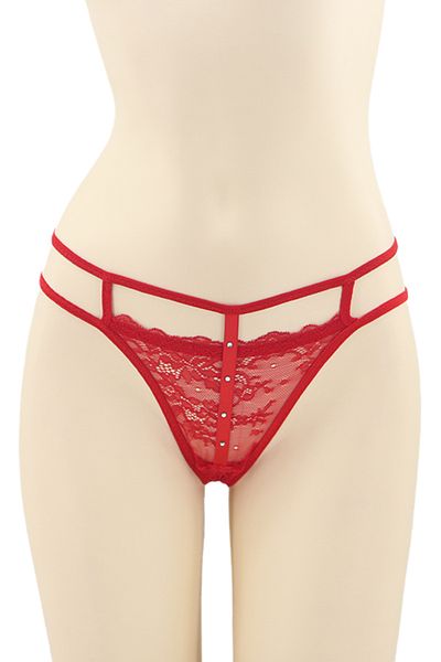 OEM Sexy thong panties with contrasting lace inserts and decorative rhinestone details, DZK-2162