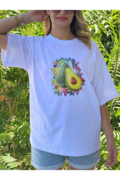 Afri Γυναικείο μπλουζάκι αβοκάντο σε λευκό χρώμα με τύπωμα oversized – Καλοκα...