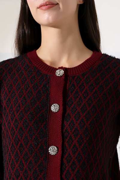 ALCHON Round Neck Long Sleeve Buttoned Diamond Jacquard Patterned Furry Soft Textured Knitwear Cardigan