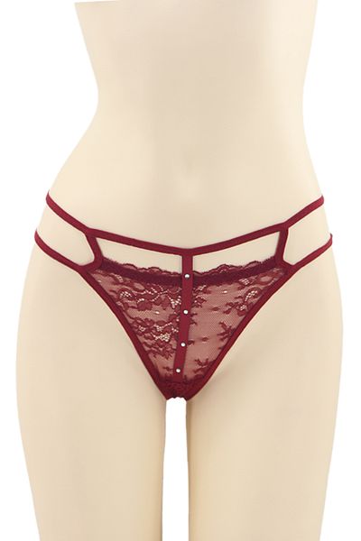 OEM Sexy thong panties with contrasting lace inserts and decorative rhinestone details, DZK-2162
