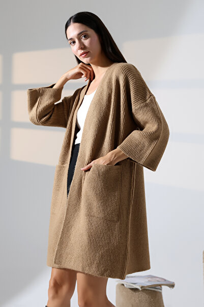ALCHON V-Neck Ribbed Thessaloniki Knit Double Pocket Half 3/4 Sleeve Midi Length Winter Knitwear Cardigan