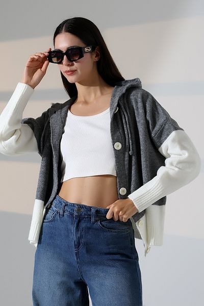 ALCHON V-Neck Hooded Lace-Up Long Sleeve Two-Color Panel Button Soft Texture Design Stylish Knitwear Cardigan