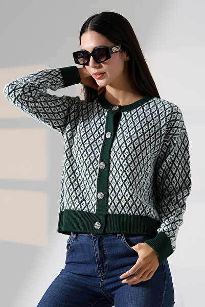 ALCHON Round Neck Long Sleeve Buttoned Diamond Jacquard Patterned Furry Soft Textured Knitwear Cardigan