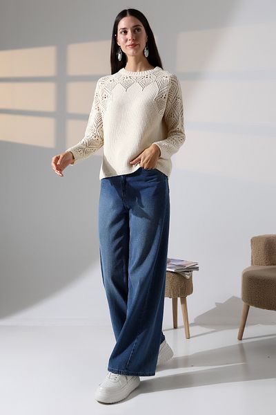 ALCHON Round Neck Long Sleeve Openwork Hollowed Rice Knit Simple Elegant Basic Knitwear Sweater