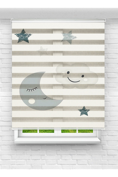 Ay Işığım Ay ve Bulut Desenli Zebra Stor Perde - Erkek Bebek Odası İçin Uygun