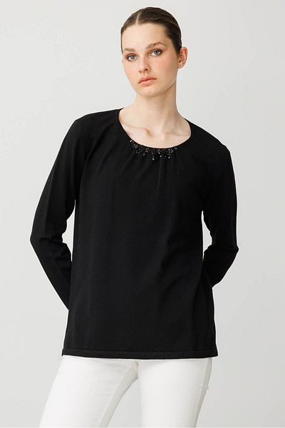 Desen Triko Women's O-Neck Lace Flower Embroidered Ligral Blouse Black