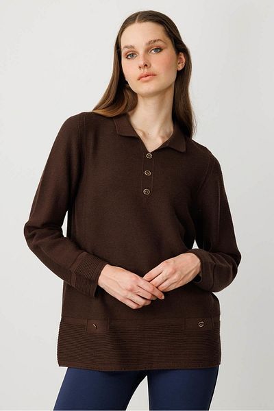 Desen Triko Women's Polo Neck Blouse Brown