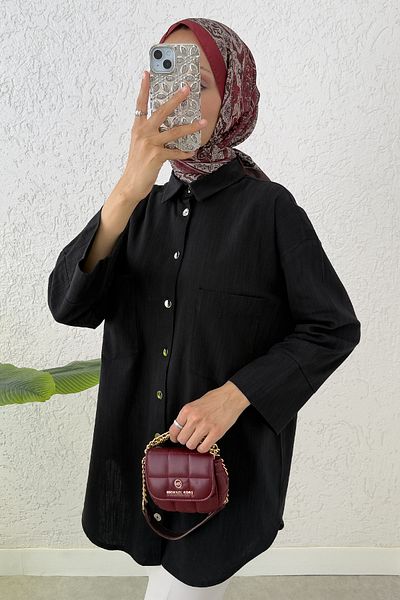 Salih Çelebi Cămașă cu buzunar cu mânecă kimono 2344 - NEGRU