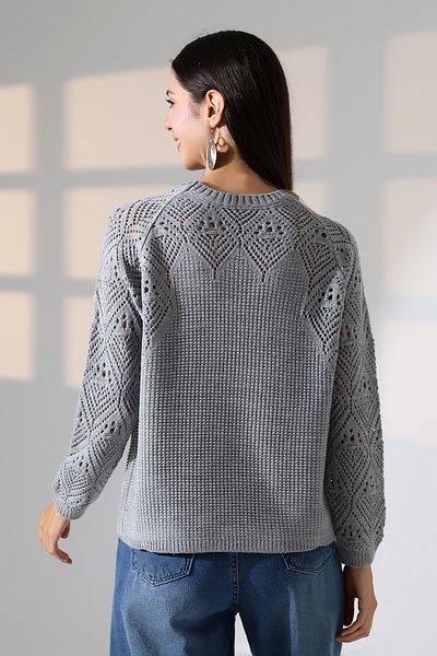 ALCHON Round Neck Long Sleeve Openwork Hollowed Rice Knit Simple Elegant Basic Knitwear Sweater