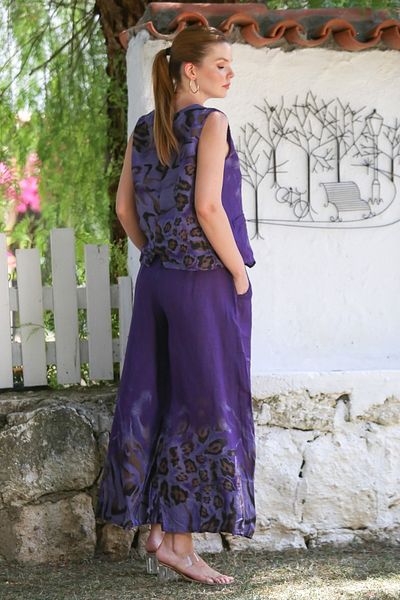 Chiccy Italian Purple V-Neck Sleeveless Patterned Buttoned Pocket Linen Woven Bottom Top Suit 58-116 56-81