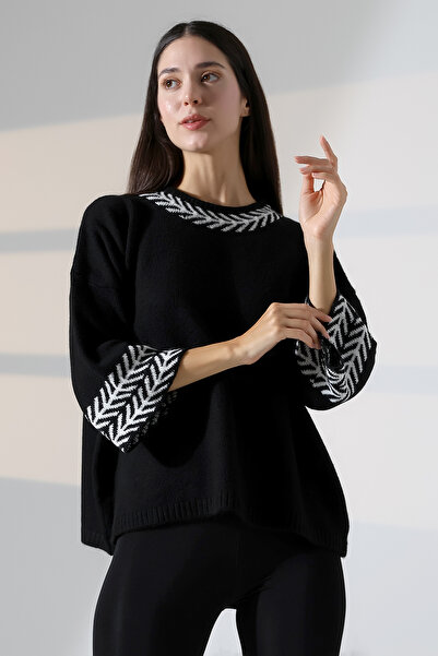 ALCHON Gât rotund, cu mâneci jumate 3/4, cu model, panou jacquard, lejer, confortabil, de bază, elegant, elegant, tricotaj, pulover