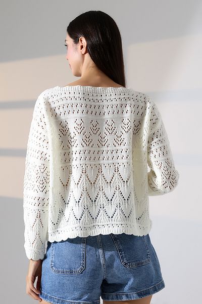 ALCHON Kayak Wide Wave Collar Long Sleeve Openwork Hollowed Out Walked Flower Pattern Spring Knitwear Sweater